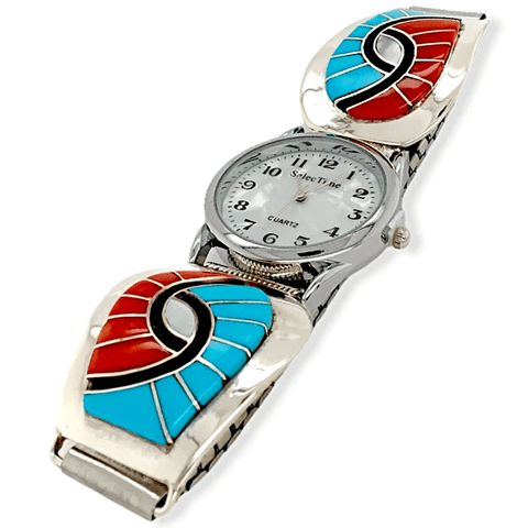 Image of Native American Jewelry - Zuni Sleeping Beauty Turquoise And Coral Swirl Inlay Men's Watch - Amy Quandelacy