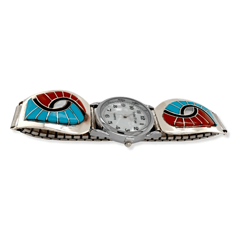 Image of Native American Jewelry - Zuni Sleeping Beauty Turquoise And Coral Swirl Inlay Men's Watch - Amy Quandelacy