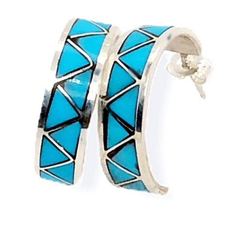 Image of Native American Jewelry - Zuni Sleeping Beauty Turquoise Inlay Half Hoop Earrings