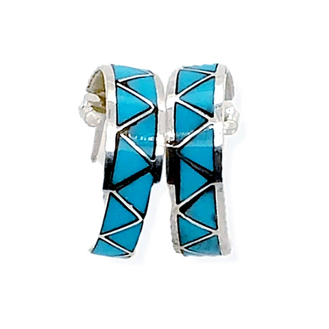 Image of Native American Jewelry - Zuni Sleeping Beauty Turquoise Inlay Half Hoop Earrings