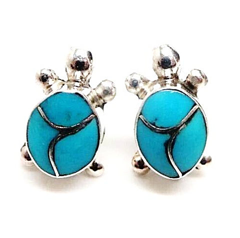 Image of Native American Jewelry - Zuni Sleeping Beauty Turquoise Inlay Turtle Earrings -Post