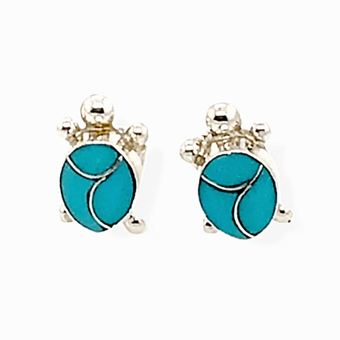 Image of Native American Jewelry - Zuni Sleeping Beauty Turquoise Inlay Turtle Earrings -Post
