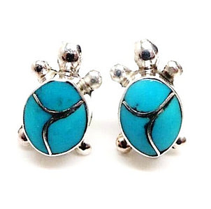 Native American Jewelry - Zuni Sleeping Beauty Turquoise Inlay Turtle Earrings -Post