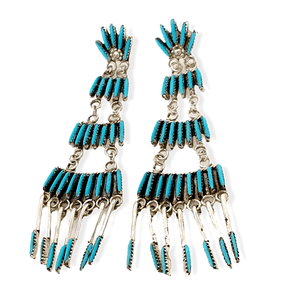 Native American Jewelry - Zuni Sleeping Beauty Turquoise Needle Point Earrings - Chandelier