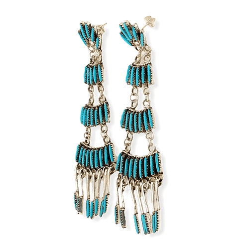 Image of Native American Jewelry - Zuni Sleeping Beauty Turquoise Needle Point Earrings - Chandelier