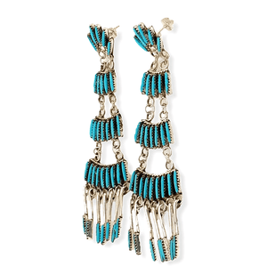 Native American Jewelry - Zuni Sleeping Beauty Turquoise Needle Point Earrings - Chandelier