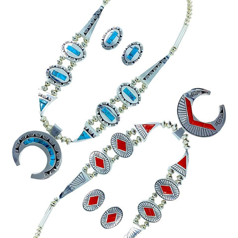 Image of Native American Necklaces - Alvin Begay Navajo Reversible Turquoise & Coral Necklace Set- Native American - Double Sided Squash Blossom