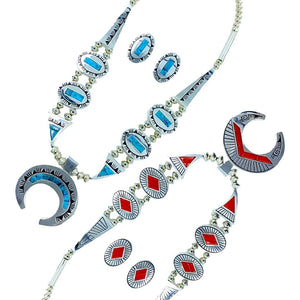 Native American Necklaces - Alvin Begay Navajo Reversible Turquoise & Coral Necklace Set- Native American - Double Sided Squash Blossom