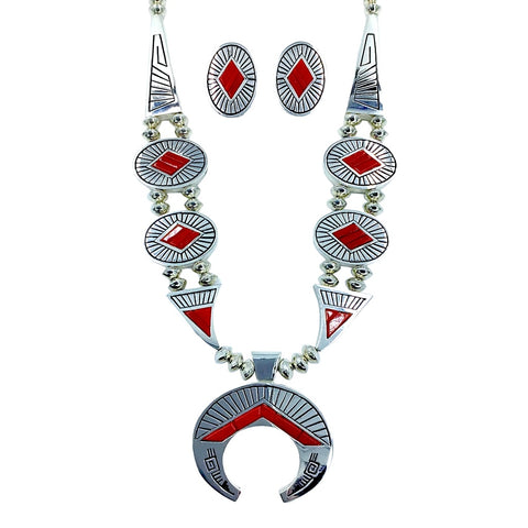 Image of Native American Necklaces - Alvin Begay Navajo Reversible Turquoise & Coral Necklace Set- Native American - Double Sided Squash Blossom