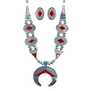 Native American Necklaces - Alvin Begay Navajo Reversible Turquoise & Coral Necklace Set- Native American - Double Sided Squash Blossom