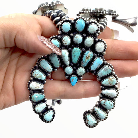 Image of Native American Necklaces - Amazing Navajo Dry Creek Turquoise Squash Blossom Cluster Necklace & Earrings Set - Bea Tom - Native American