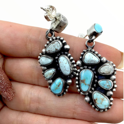 Image of Native American Necklaces - Amazing Navajo Dry Creek Turquoise Squash Blossom Cluster Necklace & Earrings Set - Bea Tom - Native American