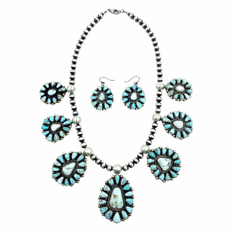 Image of Native American Necklaces - Large Navajo Dry Creek Turquoise Many Stones Cluster Design Necklace & Earrings Set - Kathleen Chavez - Native American