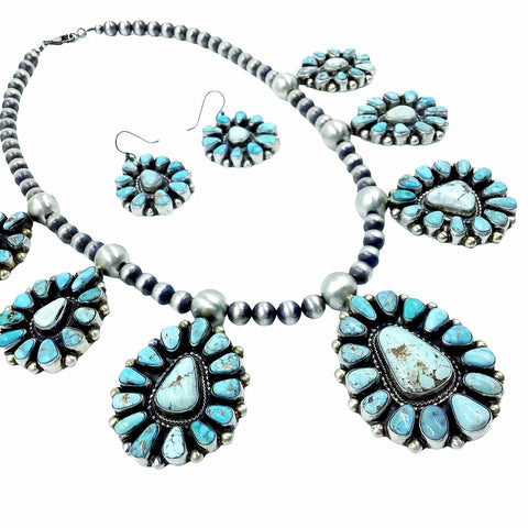 Image of Native American Necklaces - Large Navajo Dry Creek Turquoise Many Stones Cluster Design Necklace & Earrings Set - Kathleen Chavez - Native American