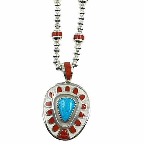 Image of Native American Necklaces - Large Navajo Turquoise & Coral Inlay Necklace - Michael Perry - Native American