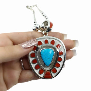 Native American Necklaces - Large Navajo Turquoise & Coral Inlay Necklace - Michael Perry - Native American
