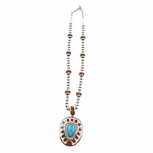 Native American Necklaces - Large Navajo Turquoise & Coral Inlay Necklace - Michael Perry - Native American