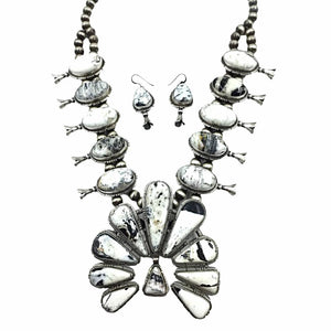 Native American Necklaces - Large Navajo White Buffalo Squash Blossom Dangle Necklace & Earrings Set - Mary Ann Spencer -  Native American