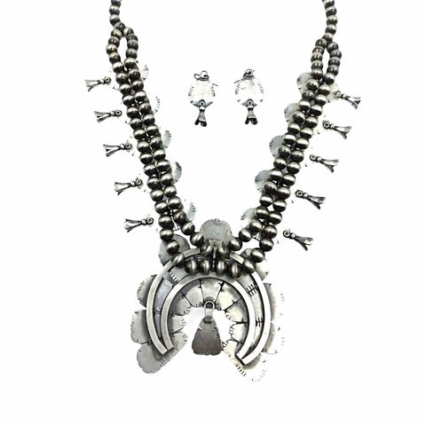 Image of Native American Necklaces - Large Navajo White Buffalo Squash Blossom Dangle Necklace & Earrings Set - Mary Ann Spencer -  Native American