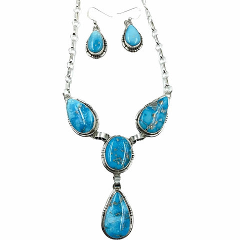 Image of Native American Necklaces - Navajo Blue Bird Teardrop Turquoise Dangle Necklace & Earrings Set - Samson Edsitty