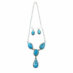 Native American Necklaces - Navajo Blue Bird Teardrop Turquoise Dangle Necklace & Earrings Set - Samson Edsitty