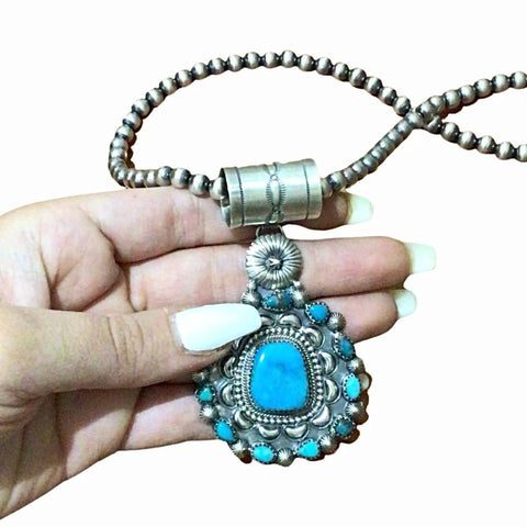 Image of Native American Necklaces - Navajo Blue Turquoise Cluster Pendant & Navajo Pearls Sterling Silver Necklace - Native American