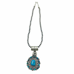 Native American Necklaces - Navajo Blue Turquoise Cluster Pendant & Navajo Pearls Sterling Silver Necklace - Native American