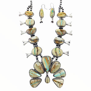 Native American Necklaces - Navajo Boulder Turquoise Squash Blossom Necklace & Earrings Set - Samson Edsitty - Native American