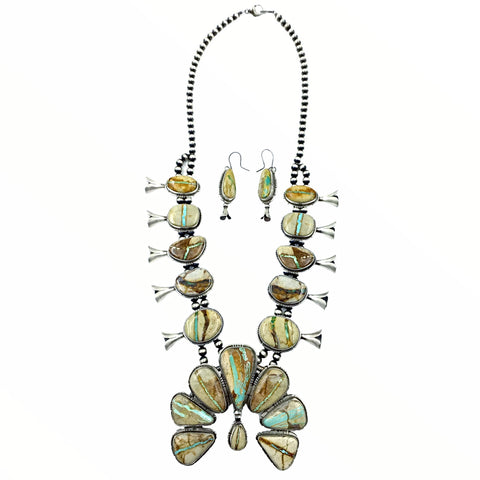 Image of Native American Necklaces - Navajo Boulder Turquoise Squash Blossom Necklace & Earrings Set - Samson Edsitty - Native American