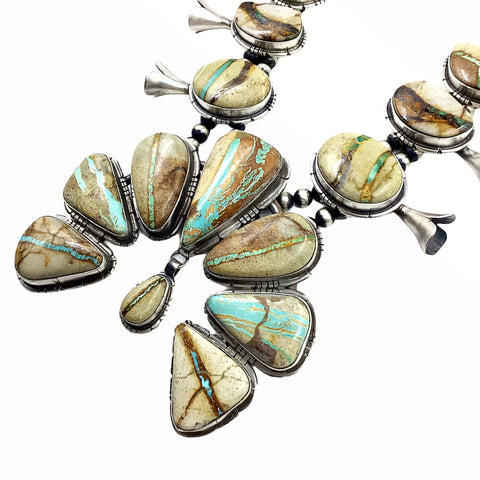 Image of Native American Necklaces - Navajo Boulder Turquoise Squash Blossom Necklace & Earrings Set - Samson Edsitty - Native American