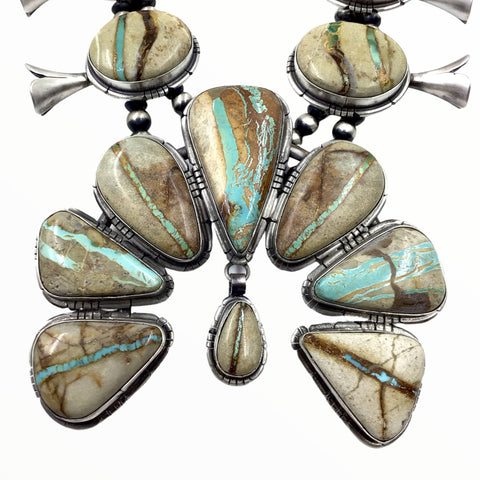 Image of Native American Necklaces - Navajo Boulder Turquoise Squash Blossom Necklace & Earrings Set - Samson Edsitty - Native American