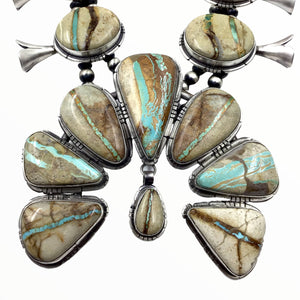 Native American Necklaces - Navajo Boulder Turquoise Squash Blossom Necklace & Earrings Set - Samson Edsitty - Native American