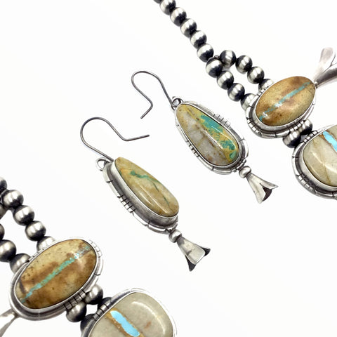 Image of Native American Necklaces - Navajo Boulder Turquoise Squash Blossom Necklace & Earrings Set - Samson Edsitty - Native American