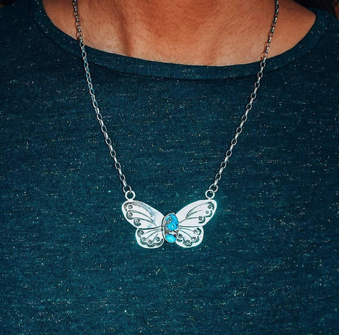 Image of Native American Necklaces - Navajo Butterfly Golden Hills Turquoise & Sterling Silver Necklace - Rick Enriquez - Native American