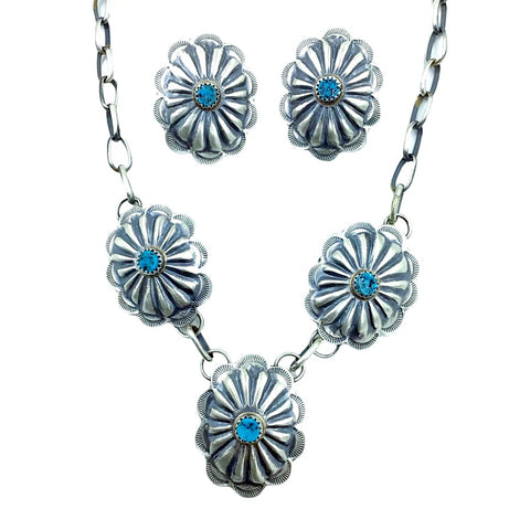 Image of Native American Necklaces - Navajo Concho Kingman Turquoise Oxidized Sterling Silver Necklace Set - Native American