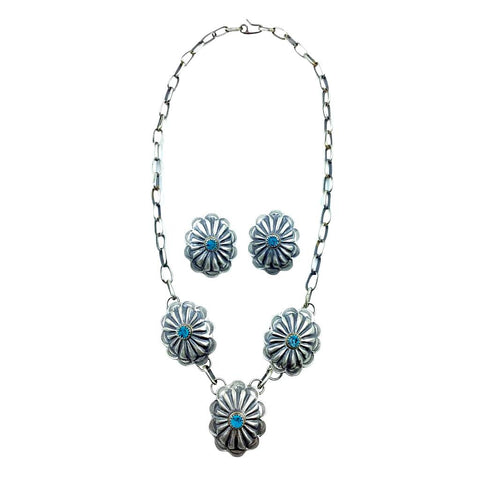Image of Native American Necklaces - Navajo Concho Kingman Turquoise Oxidized Sterling Silver Necklace Set - Native American