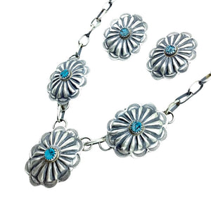 Native American Necklaces - Navajo Concho Kingman Turquoise Oxidized Sterling Silver Necklace Set - Native American
