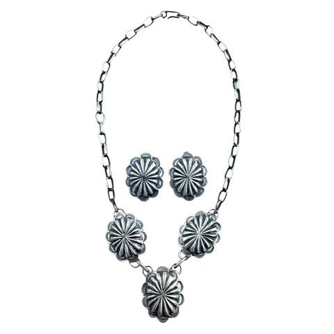 Image of Native American Necklaces - Navajo Concho Oxidized Sterling Silver Necklace Set - Native American