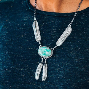 Native American Necklaces - Navajo Double Feather Royston Turquoise Sterling Silver Dangle Necklace & Earrings Set - Native American