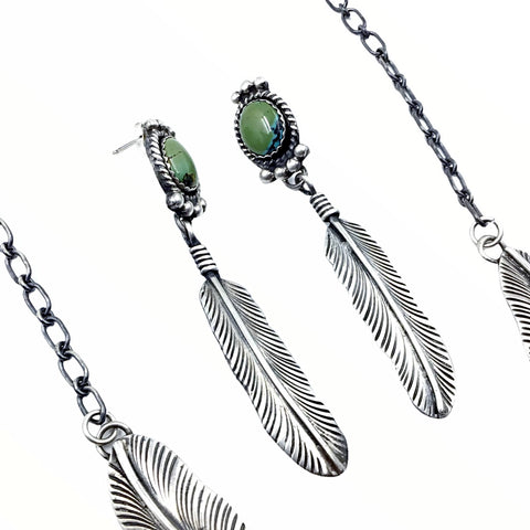 Image of Native American Necklaces - Navajo Double Feather Royston Turquoise Sterling Silver Dangle Necklace & Earrings Set - Native American