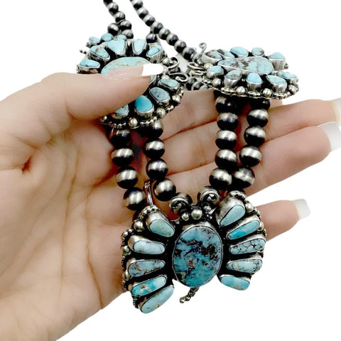 Image of Native American Necklaces - Navajo Dry Creek Turquoise Butterfly Clusters Necklace & Earrings Set - Kathleen Chavez - Native American