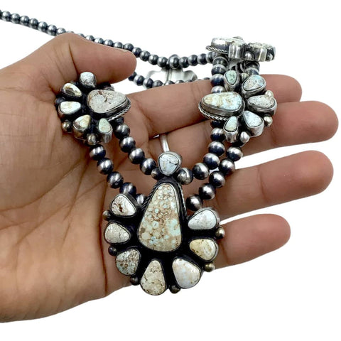 Image of Native American Necklaces - Navajo Dry Creek Turquoise Cluster Double Strand Navajo Pearls Necklace & Earrings Set - Kathleen Chavez - Native American