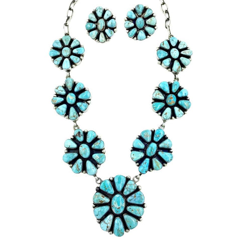 Native American Necklaces - Navajo Dry Creek Turquoise Flower Clusters Dangle Necklace Set - Bea Tom - Native American