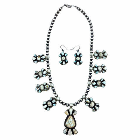 Image of Native American Necklaces - Navajo Dry Creek Turquoise Long Cluster Design Necklace & Earrings Set - Kathleen Chavez - Native American
