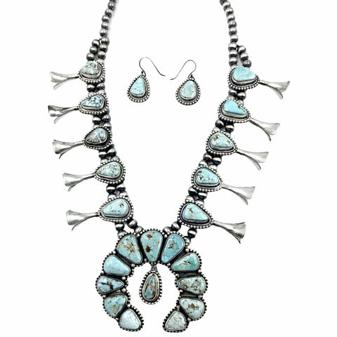 Image of Native American Necklaces - Navajo Dry Creek Turquoise Squash Blossom Dangle Necklace & Earrings Set - Native American