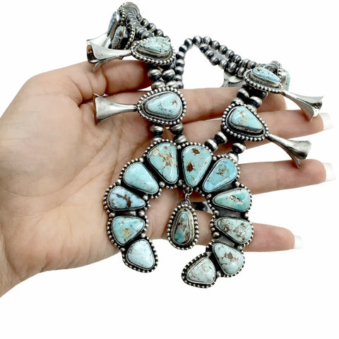 Image of Native American Necklaces - Navajo Dry Creek Turquoise Squash Blossom Dangle Necklace & Earrings Set - Native American