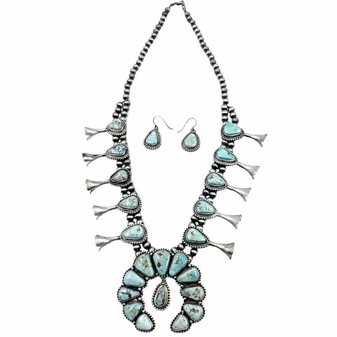 Image of Native American Necklaces - Navajo Dry Creek Turquoise Squash Blossom Dangle Necklace & Earrings Set - Native American