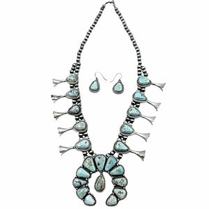 Native American Necklaces - Navajo Dry Creek Turquoise Squash Blossom Dangle Necklace & Earrings Set - Native American