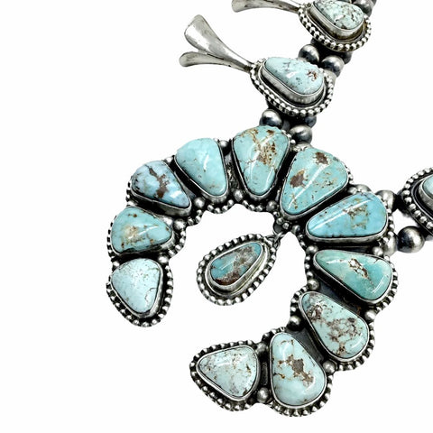 Image of Native American Necklaces - Navajo Dry Creek Turquoise Squash Blossom Dangle Necklace & Earrings Set - Native American