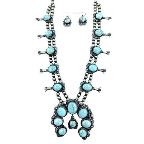 Image of Native American Necklaces - Navajo Dry Creek Turquoise Stamped Squash Blossom Dangle Necklace & Earrings Set - Thomas Francisco - Native American